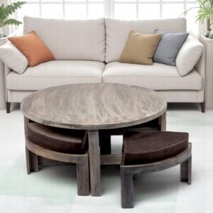 Ikiriya Nashville Sheesham Wood Country Side Coffee Table Set with 4 Stools in Antique Grey Finish with Cedar Brown Velvet Cushions