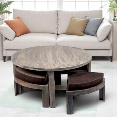 Ikiriya Nashville Sheesham Wood Country Side Coffee Table Set with 4 Stools in Antique Grey Finish with Cedar Brown Velvet Cushions