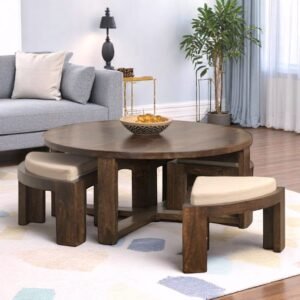 Ikiriya Nashville Sheesham Wood Accent Coffee Table Set with 4 Stools in Provisional Teak Finish with Beige Velvet Cushions