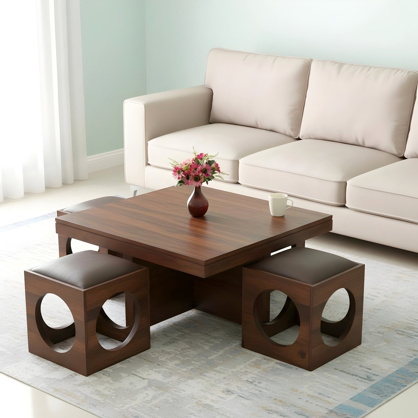 Ikiriya Nordic Sheesham Wood Accent Coffee Table Set with 4 Stools in Provisional Teak Finish with Brown Leatherite Cushions - Image 13