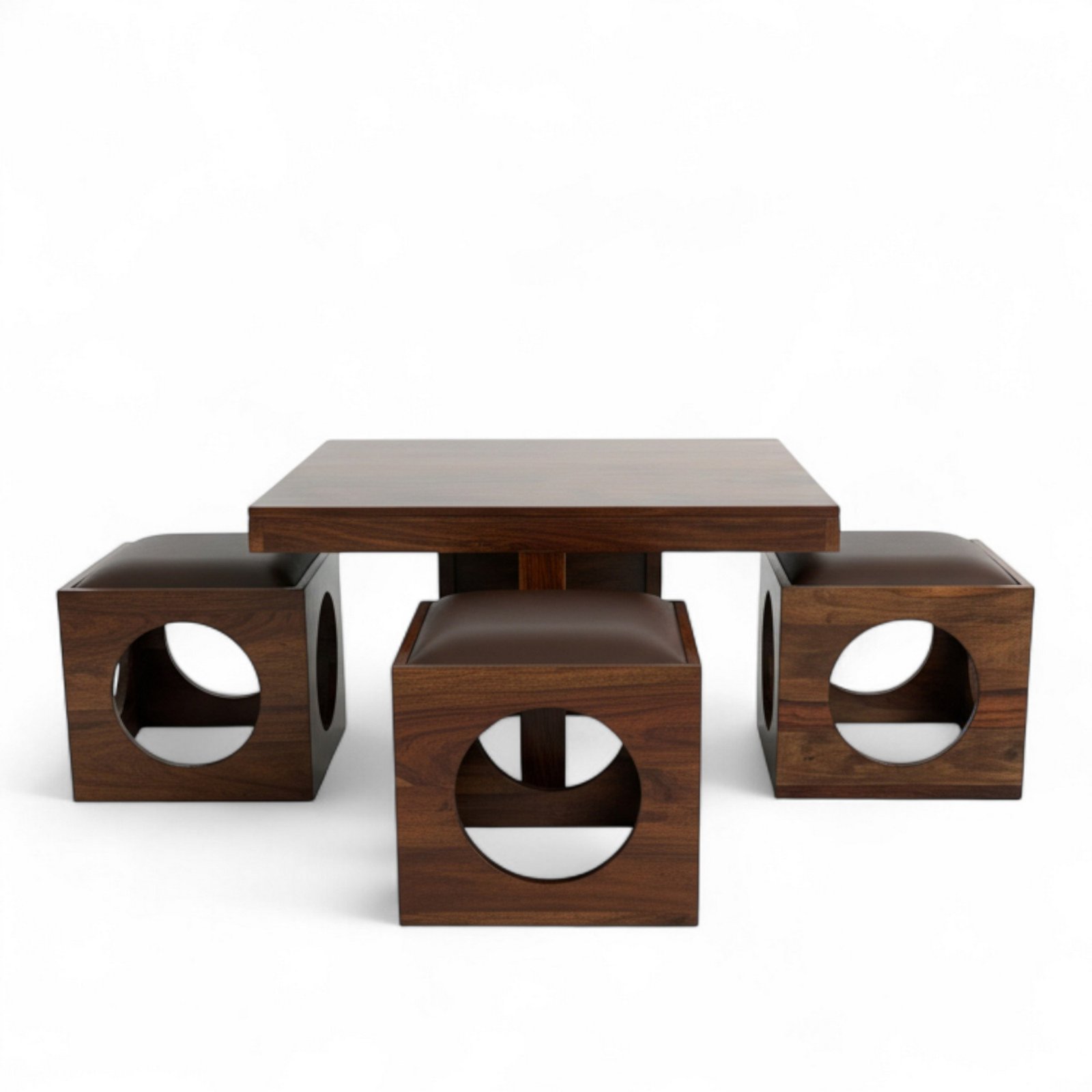 Ikiriya Nordic Sheesham Wood Accent Coffee Table Set with 4 Stools in Provisional Teak Finish with Brown Leatherite Cushions - Image 14