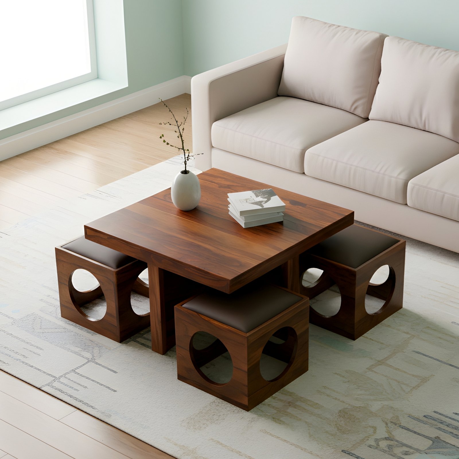 Ikiriya Nordic Sheesham Wood Accent Coffee Table Set with 4 Stools in Provisional Teak Finish with Brown Leatherite Cushions