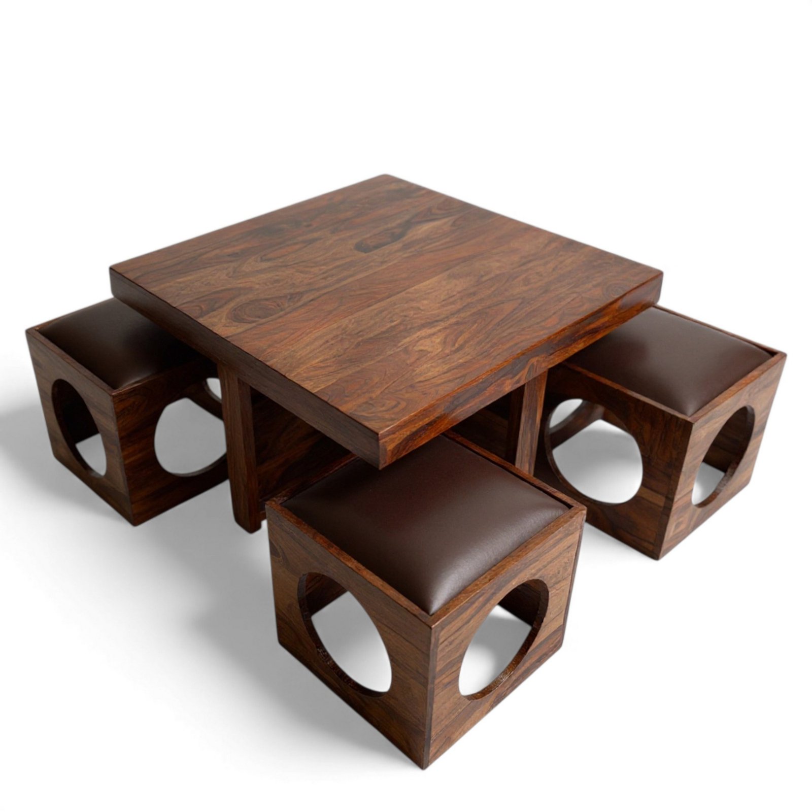 Ikiriya Nordic Sheesham Wood Accent Coffee Table Set with 4 Stools in Provisional Teak Finish with Brown Leatherite Cushions - Image 2