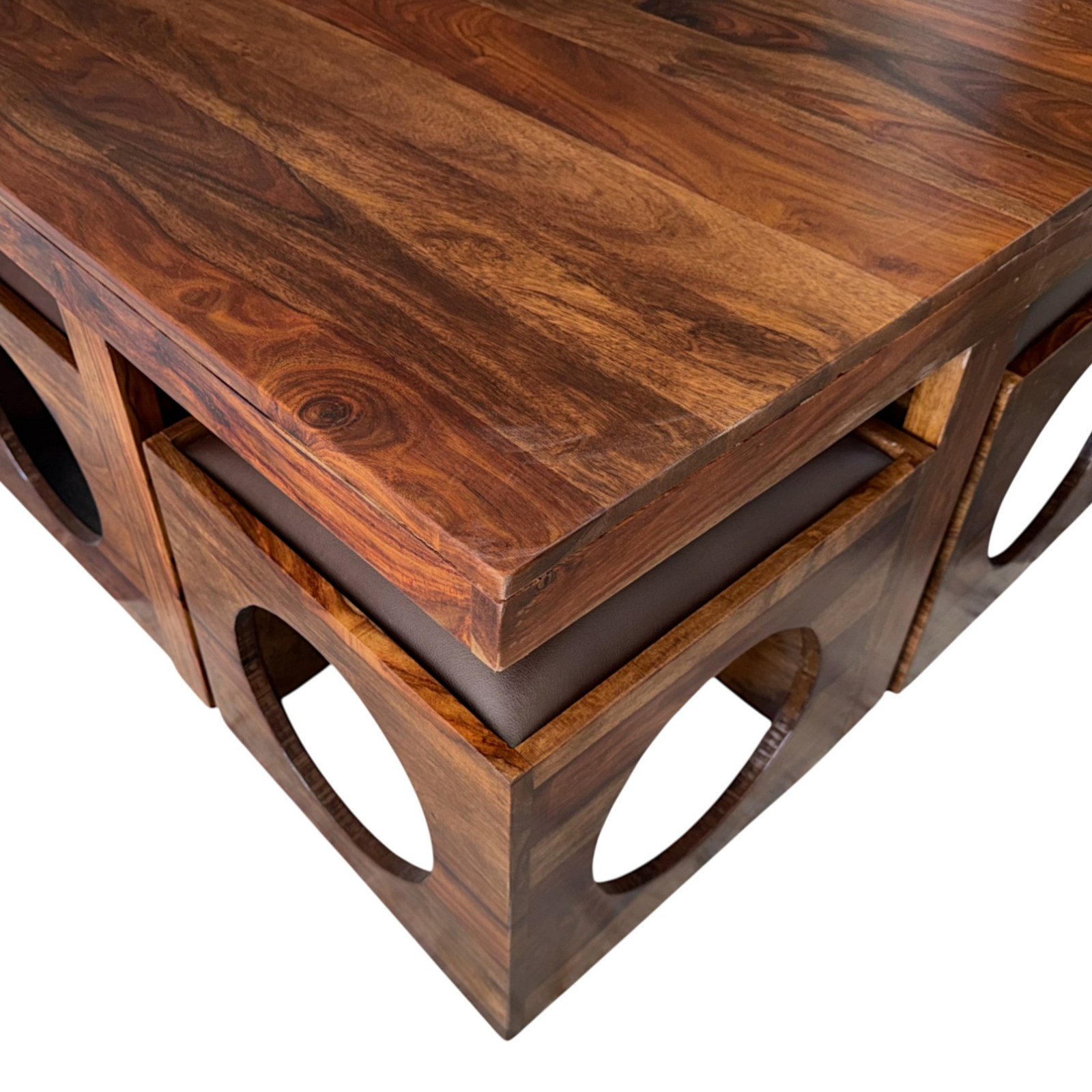 Ikiriya Nordic Sheesham Wood Accent Coffee Table Set with 4 Stools in Provisional Teak Finish with Brown Leatherite Cushions - Image 8