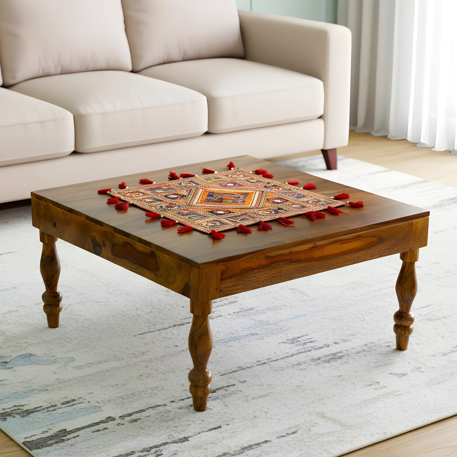 Ikiriya Sydney Sheesham Wood Contemporary Square Coffee Table in Teak Finish
