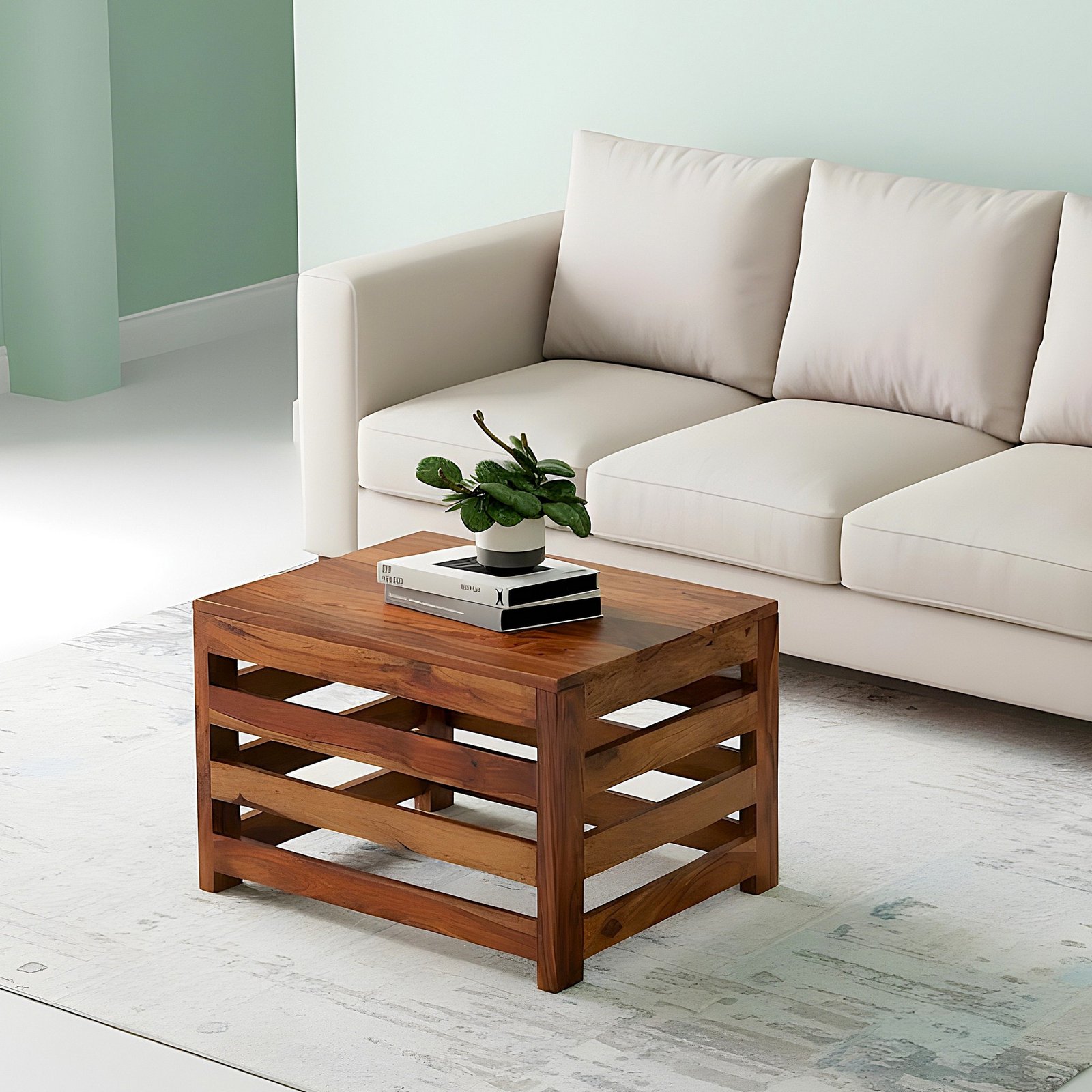 Ikiriya Kingsville Sheesham Wood Contemporary Square Coffee Table in Natural Teak Finish