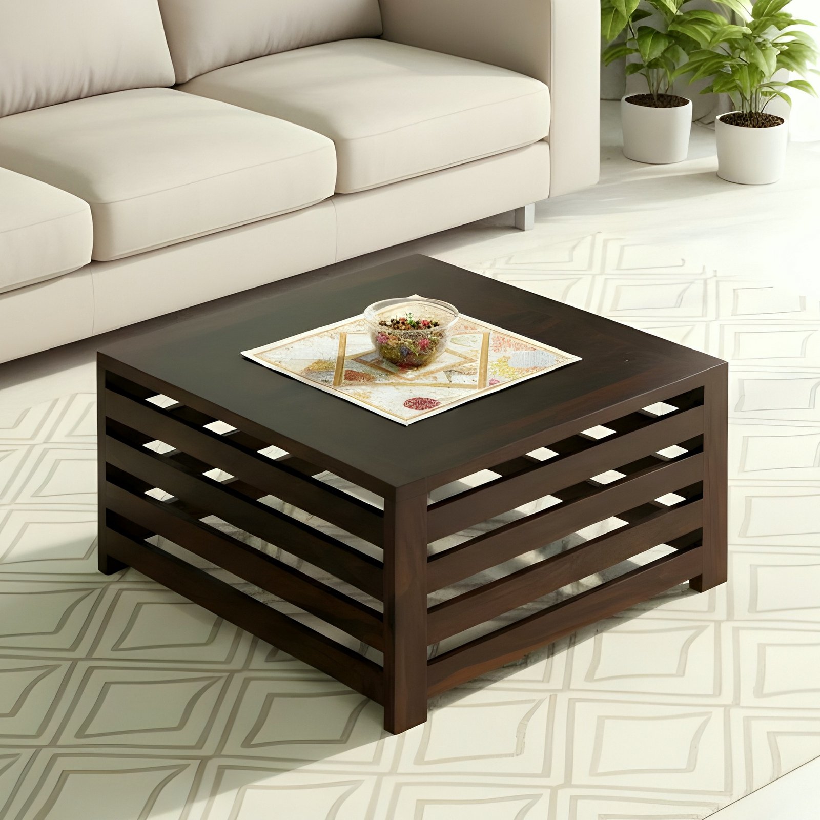 Ikiriya Kingsville Sheesham Wood Contemporary Square Coffee Table in Dark Walnut Finish