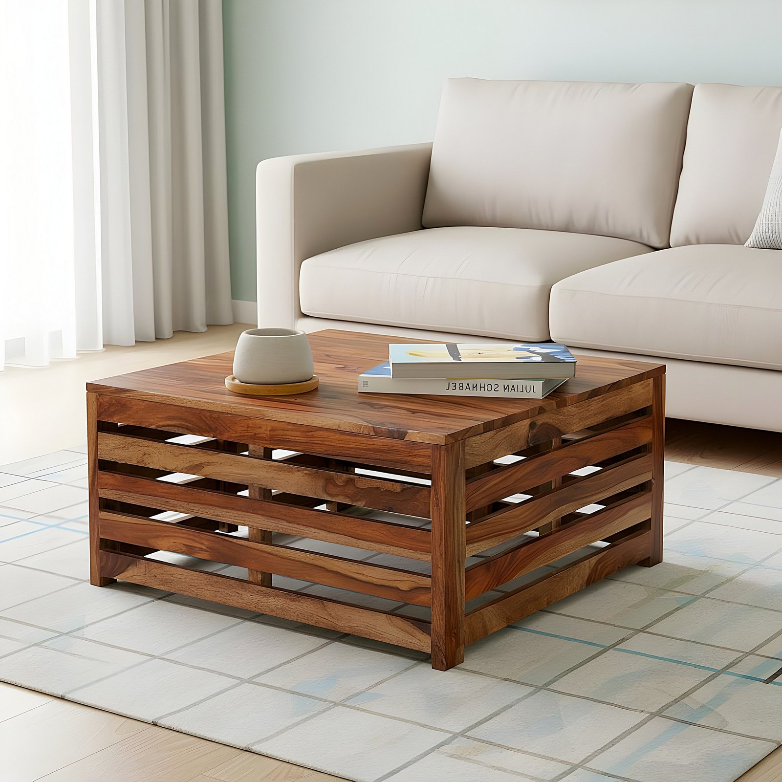 Ikiriya Kingsville Sheesham Wood Contemporary Square Coffee Table in Natural Teak Finish
