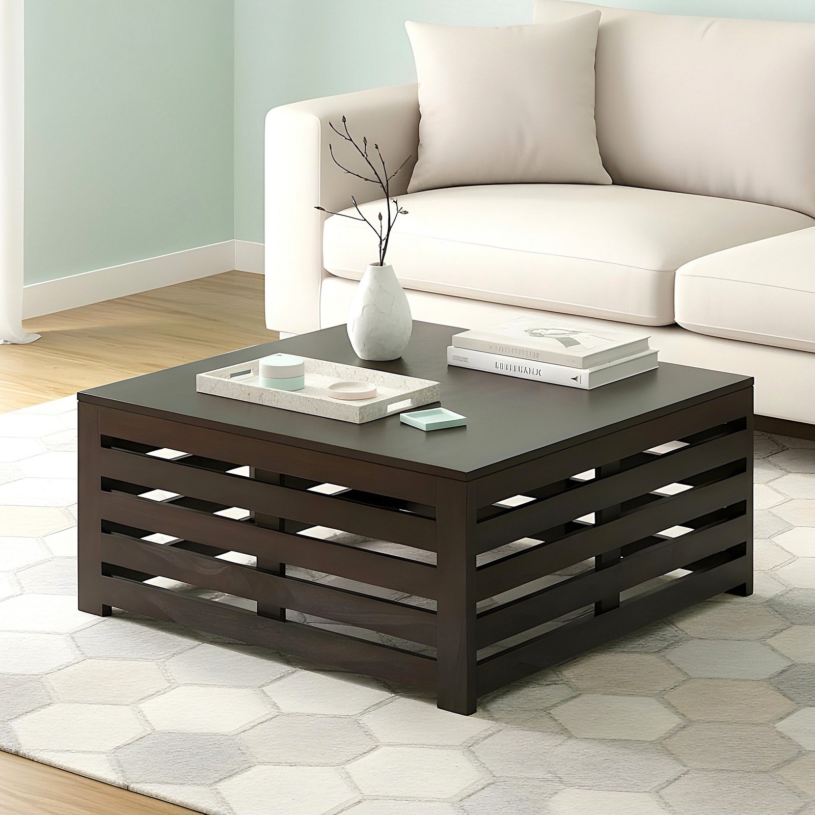Ikiriya Kingsville Sheesham Wood Contemporary Square Coffee Table in Dark Mahagony Finish