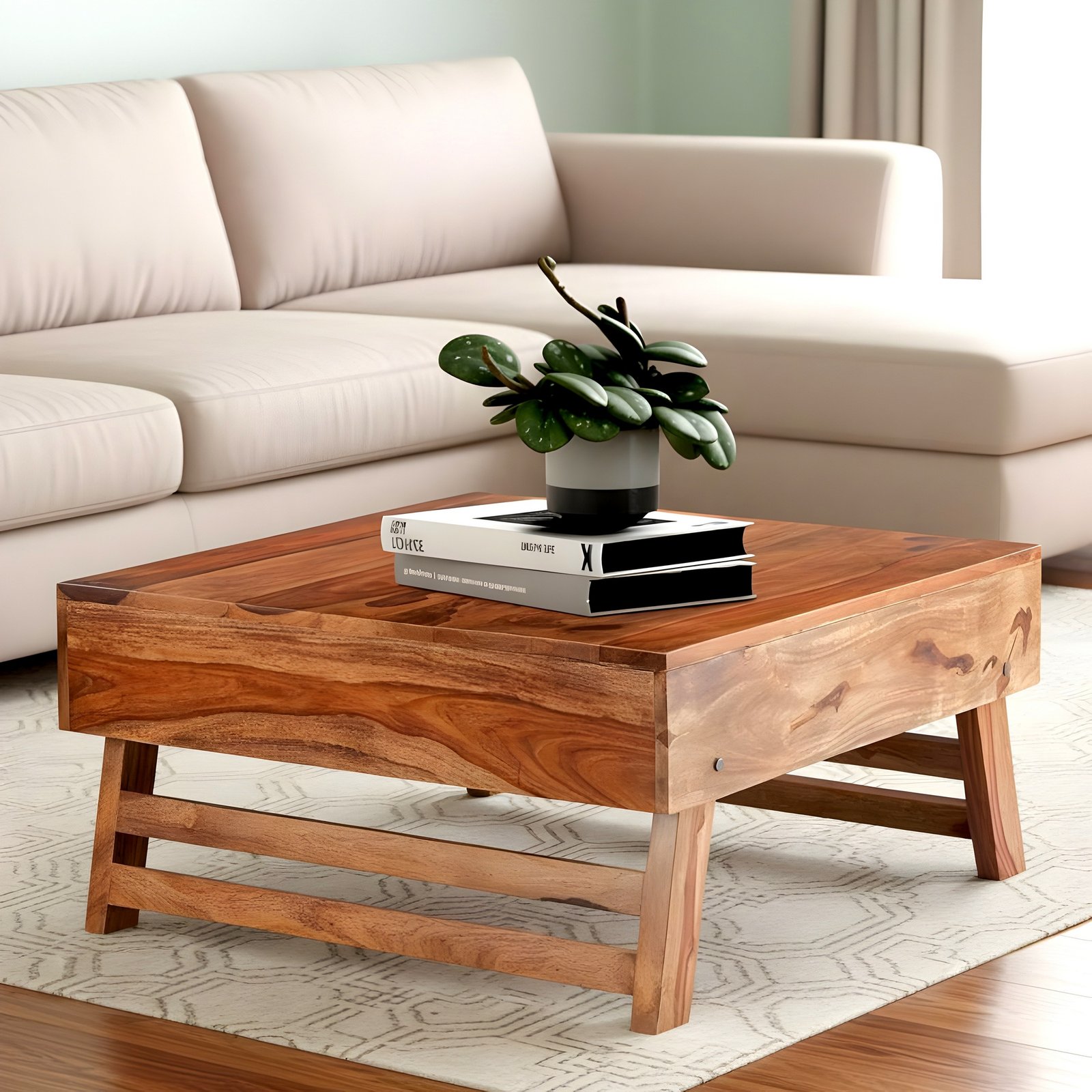 Ikiriya Bradford Sheesham Wood Contemporary Square Foldable Coffee Table in Natural Teak Finish