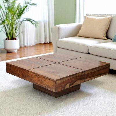 Ikiriya Montreal Sheesham Wood Contemporary Square Coffee Table in Teak Finish