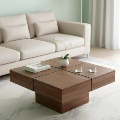 Ikiriya Montreal Sheesham Wood Contemporary Square Coffee Table in Teak Finish