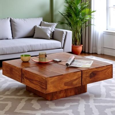 Ikiriya Montreal Sheesham Wood Contemporary Square Coffee Table in Pine Finish (Lgo)