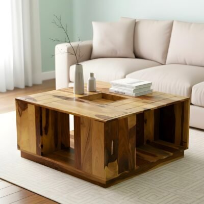 Ikiriya Wayne Sheesham Wood Accent Square Coffee Table in Natural Rosewood Finish