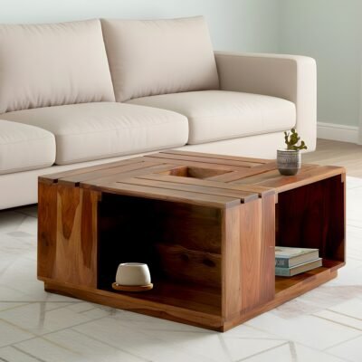 Ikiriya Milan Sheesham Wood Accent Square Coffee Table in Natural Teak Finish