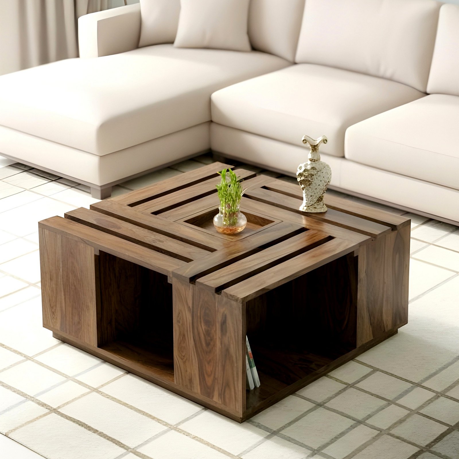 Ikiriya Milan Sheesham Wood Accent Square Coffee Table in Teak Finish