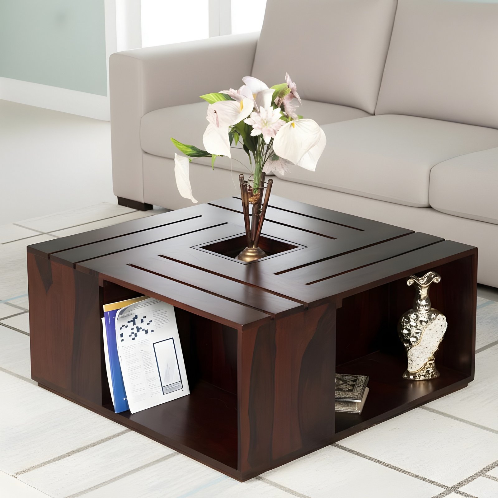 Ikiriya Milan Sheesham Wood Accent Square Coffee Table in Dark Walnut Finish