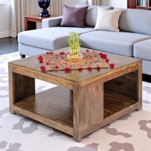 Ikiriya Milan Sheesham Wood Contemporary Square Coffee Table in Teak Finish
