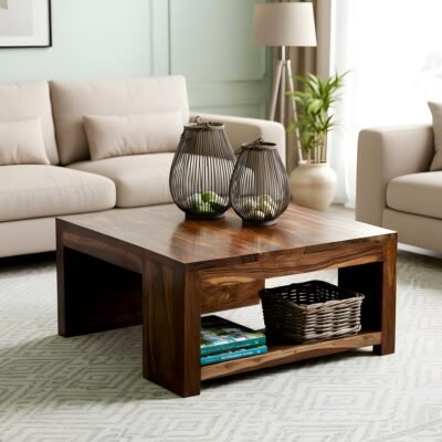 Ikiriya Wayne Sheesham Wood Contemporary Square Coffee Table in Teak Finish