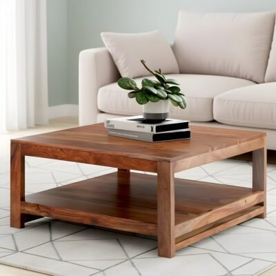 Ikiriya Turin Sheesham Wood Contemporary Square Coffee Table in Natural Teak Finish