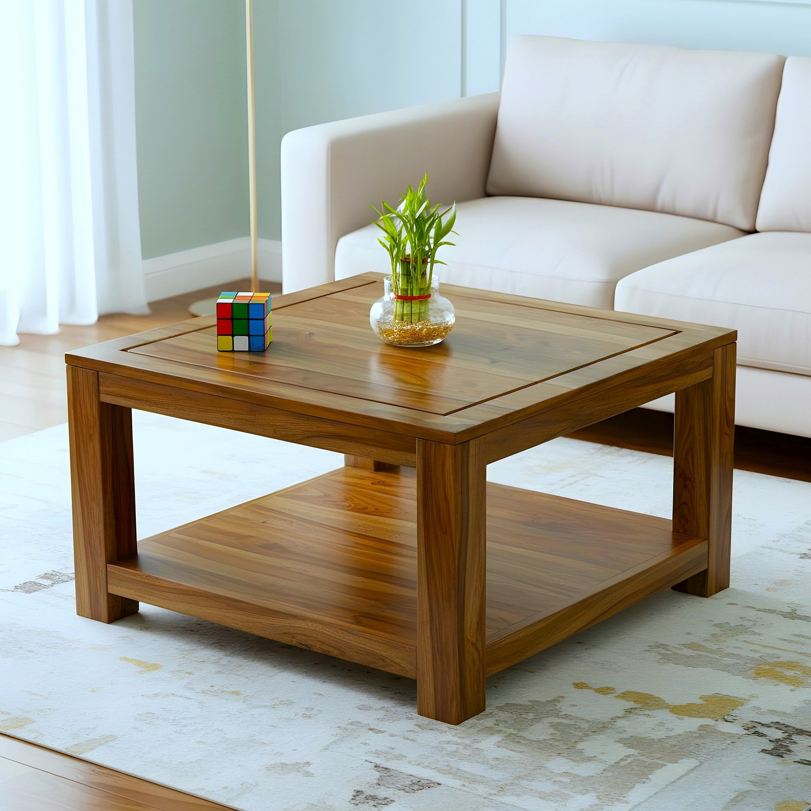Ikiriya Lisbon Sheesham Wood Contemporary Square Tea Table / Coffee Table in Teak Finish