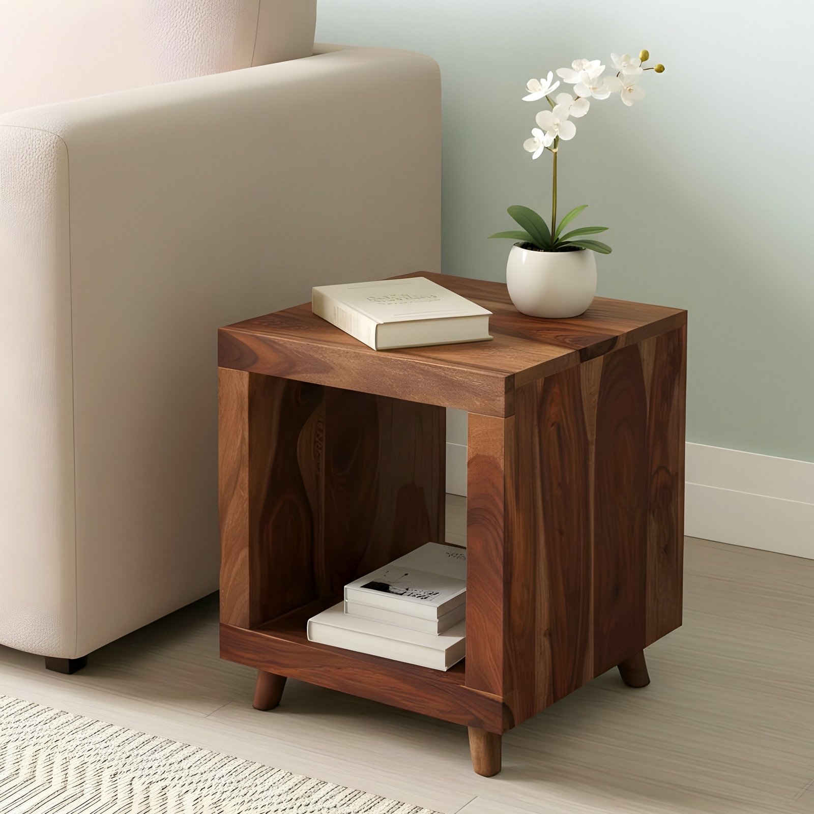 Ikiriya Berlin Sheesham Wood Contemporary Rectangle End Table/ Side Table in Natural Teak Finish