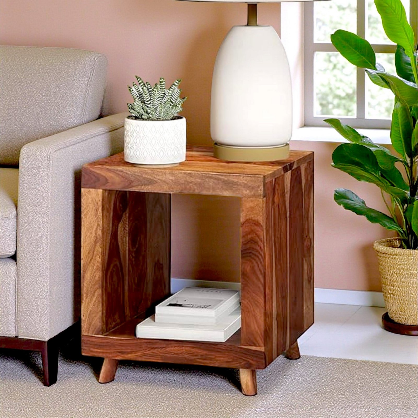 Ikiriya Berlin Sheesham Wood Contemporary Rectangle End Table/ Side Table in Natural Teak Finish - Image 9