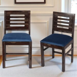 Ikiriya Rosslyn Sheesham Wood Accent Set of 2 Dining Chairs in Navy Blue Velvet Cushioning with Dark Mahagony Finish