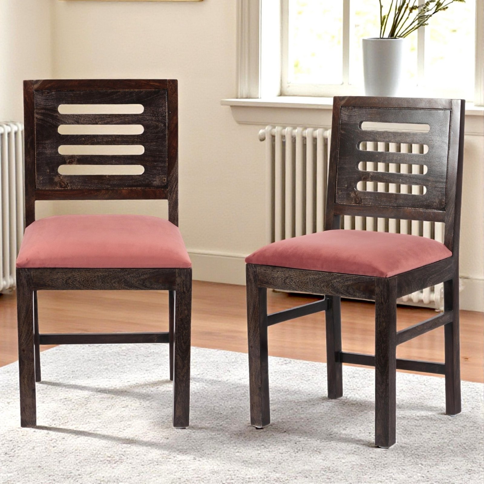 Ikiriya Rosslyn Sheesham Wood Accent Set of 2 Dining Chairs in Coral Pink Velvet Cushioning with Dark Mahagony Finish