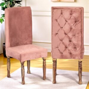 Ikiriya Rosslyn Sheesham Wood Accent Set of 2 Dining Chairs in Coral Pink Velvet Upholstery with Teak Finish