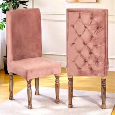 Ikiriya Rosslyn Sheesham Wood Accent Set of 2 Dining Chairs in Coral Pink Velvet Upholstery with Teak Finish