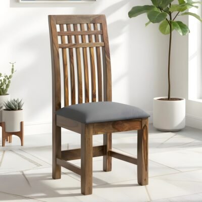 Ikiriya Columbus Sheesham Wood Accent Dining Chair in Anchor Grey Fabric Cushioning with Teak Finish