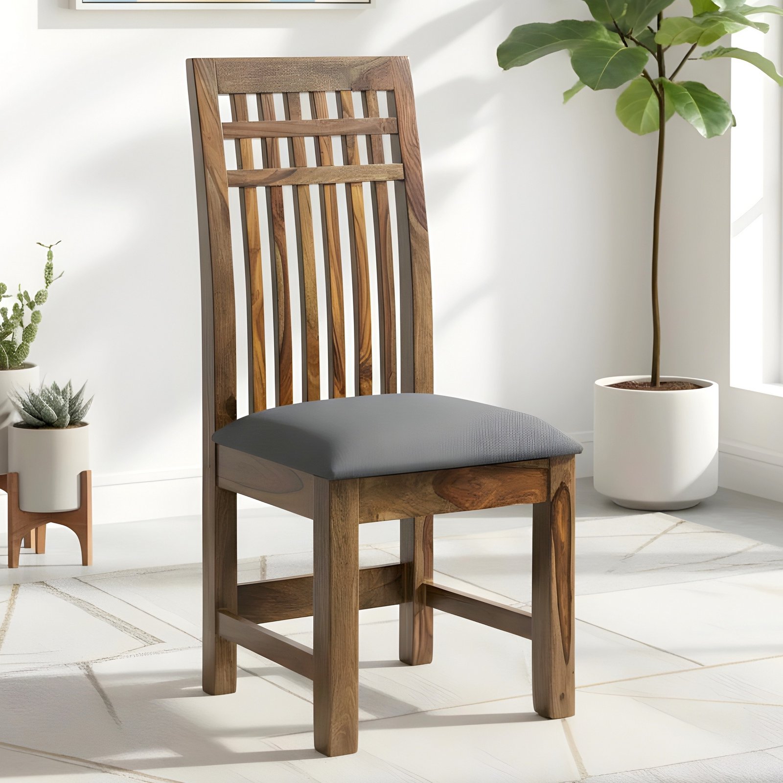 Ikiriya Columbus Sheesham Wood Accent Dining Chair in Anchor Grey Fabric Cushioning with Teak Finish