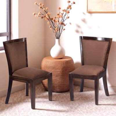 Ikiriya Newport Sheesham Wood Accent Set of 2 Dining Chairs in Taupe Brown Velvet Upholstery with Provisional Teak Finish