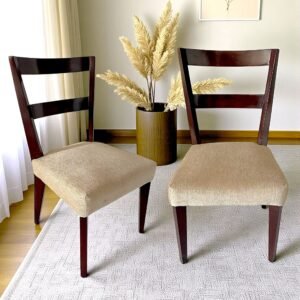 Ikiriya Newport Sheesham Wood Accent Set of 2 Dining Chairs in Beige Mossy Fabric Cushioning with Dark Walnut Finish