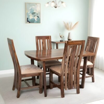 Ikiriya Columbus Sheesham Wood Accent 4 Seater Dining Table Set with Teak Finish & Beige Sparkle Velvet Cushioning