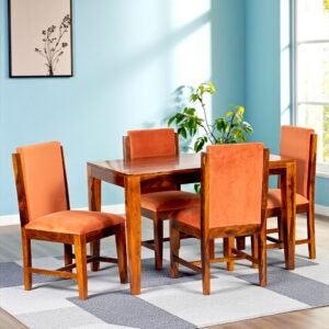 Ikiriya Oakmont Sheesham Wood Accent 4 Seater Dining Table Set with Pine Finish (Lgo) & Pumpkin Orange Velvet Cushioning