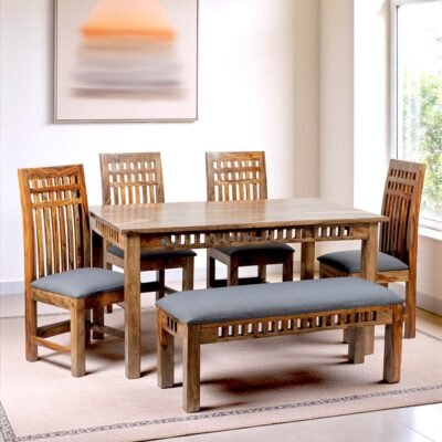 Ikiriya Oakmont Sheesham Wood Accent 6 Seater Dining Table Set with Teak Finish & Anchor Grey Fabric Cushioning