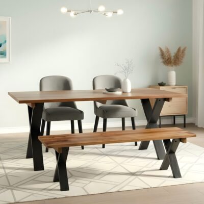 Ikiriya Rosslyn Sheesham Wood Mid Century 4 Seater Dining Table Set with Teak Finish & Iron Grey Velvet Cushioning