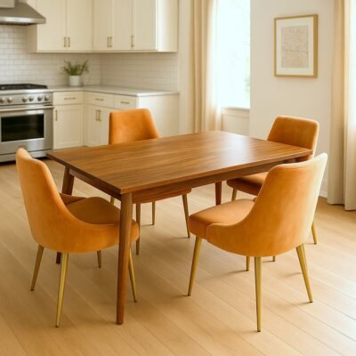 Ikiriya Oakmont Sheesham Wood Mid Century 4 Seater Dining Table Set with Teak Finish & Peach Velvet Cushioning