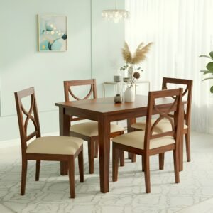 Ikiriya Oakmont Sheesham Wood Accent 4 Seater Dining Table Set with Honey Finish & Beige Velvet Cushioning