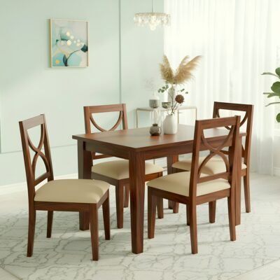 Ikiriya Oakmont Sheesham Wood Accent 4 Seater Dining Table Set with Honey Finish & Beige Velvet Cushioning