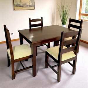 Ikiriya Oakmont Sheesham Wood Accent 4 Seater Dining Table Set with Dark Walnut Finish & Beige Mossy Fabric Cushioning