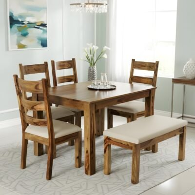 Ikiriya Oakmont Sheesham Wood Accent 6 Seater Dining Table Set with Teak Finish & Jute Beige Cushioning