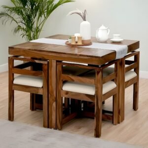 Ikiriya Kingston Sheesham Wood Accent 4 Seater Dining Table Set with Natural Teak Finish & Jute White Cushioning