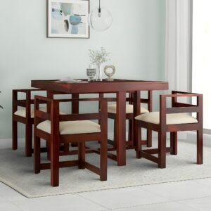 Ikiriya Kingston Sheesham Wood Accent 4 Seater Dining Table Set with Honey Finish & Jute White Cushioning