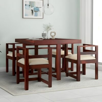 Ikiriya Kingston Sheesham Wood Accent 4 Seater Dining Table Set with Honey Finish & Jute White Cushioning
