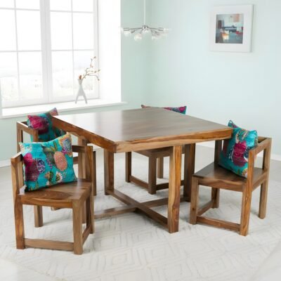 Ikiriya Kingston Sheesham Wood Accent 4 Seater Dining Table Set with Teak Finish & Cushioning