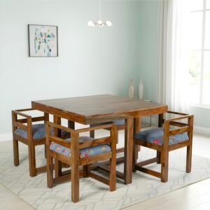 Ikiriya Kingston Sheesham Wood Mid Century 4 Seater Dining Table Set with Teak Finish & Grey Brid Print Kantha Cushioning