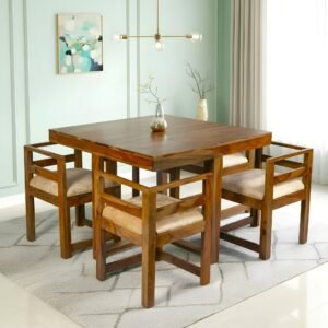 Ikiriya Kingston Sheesham Wood Accent 4 Seater Dining Table Set with Teak Finish & Beige Sparkle Velvet Cushioning